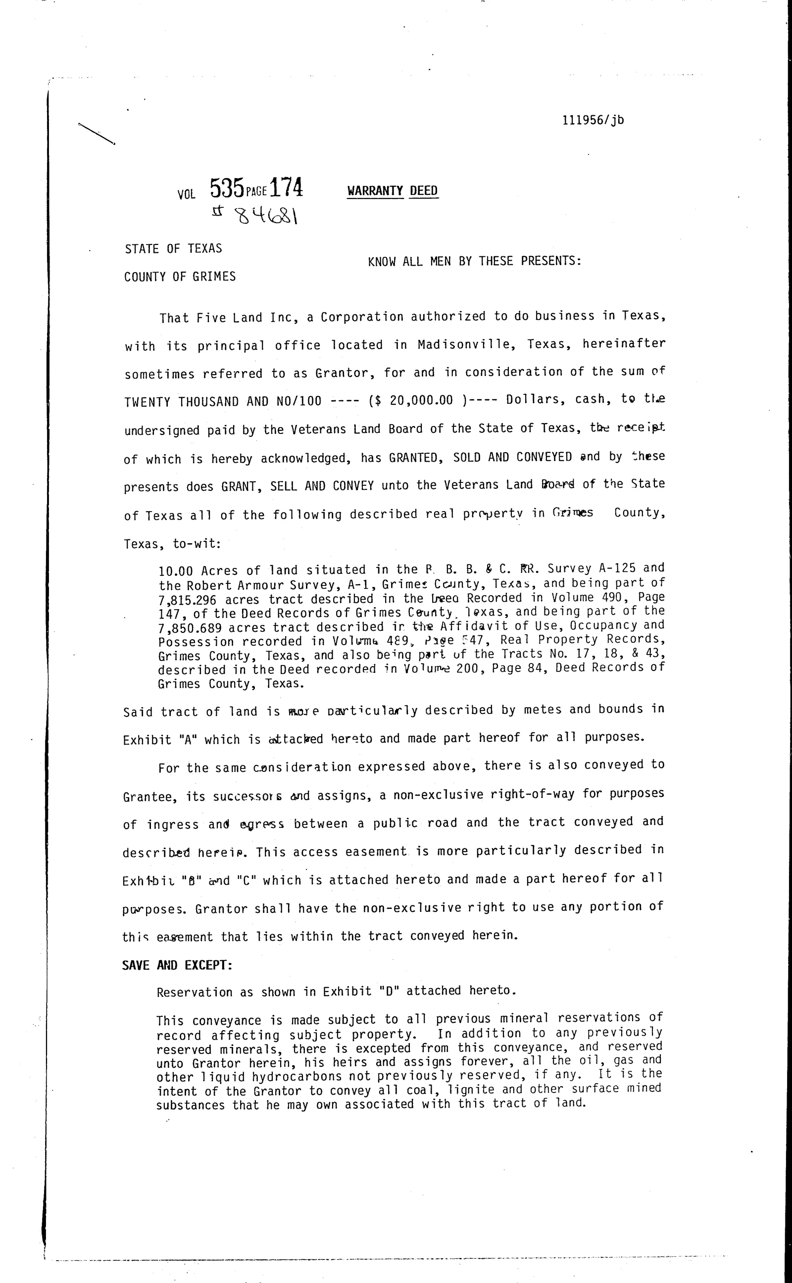 Five Land Inc. - Recorded Warnty Deed (Vol. 535, Page 174)