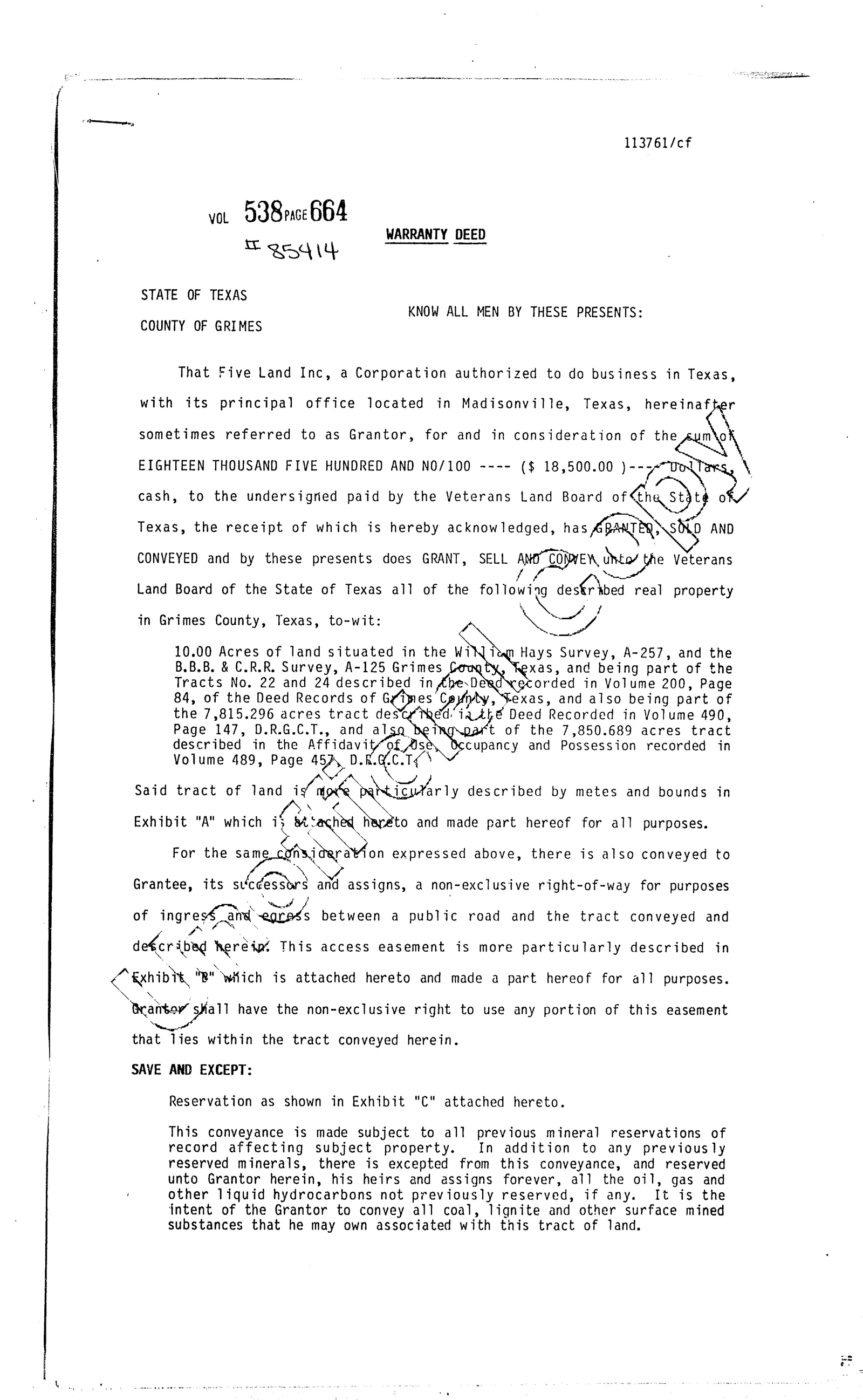 Five Land Inc. - Recorded Warnty Deed (Vol. 538, Page 664)